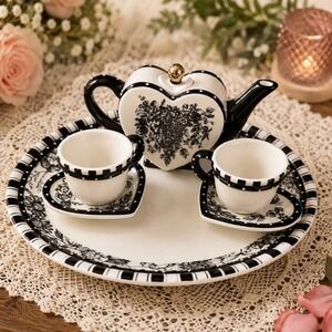 Mud Pie Heart Shaped Tea Set Black White Floral Ceramic Teapot Cups Tray 6pc